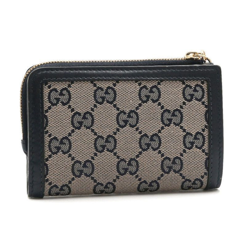 Gucci Bifold Wallet GG Canvas Leather Compact Folding Navy Blue Beige
